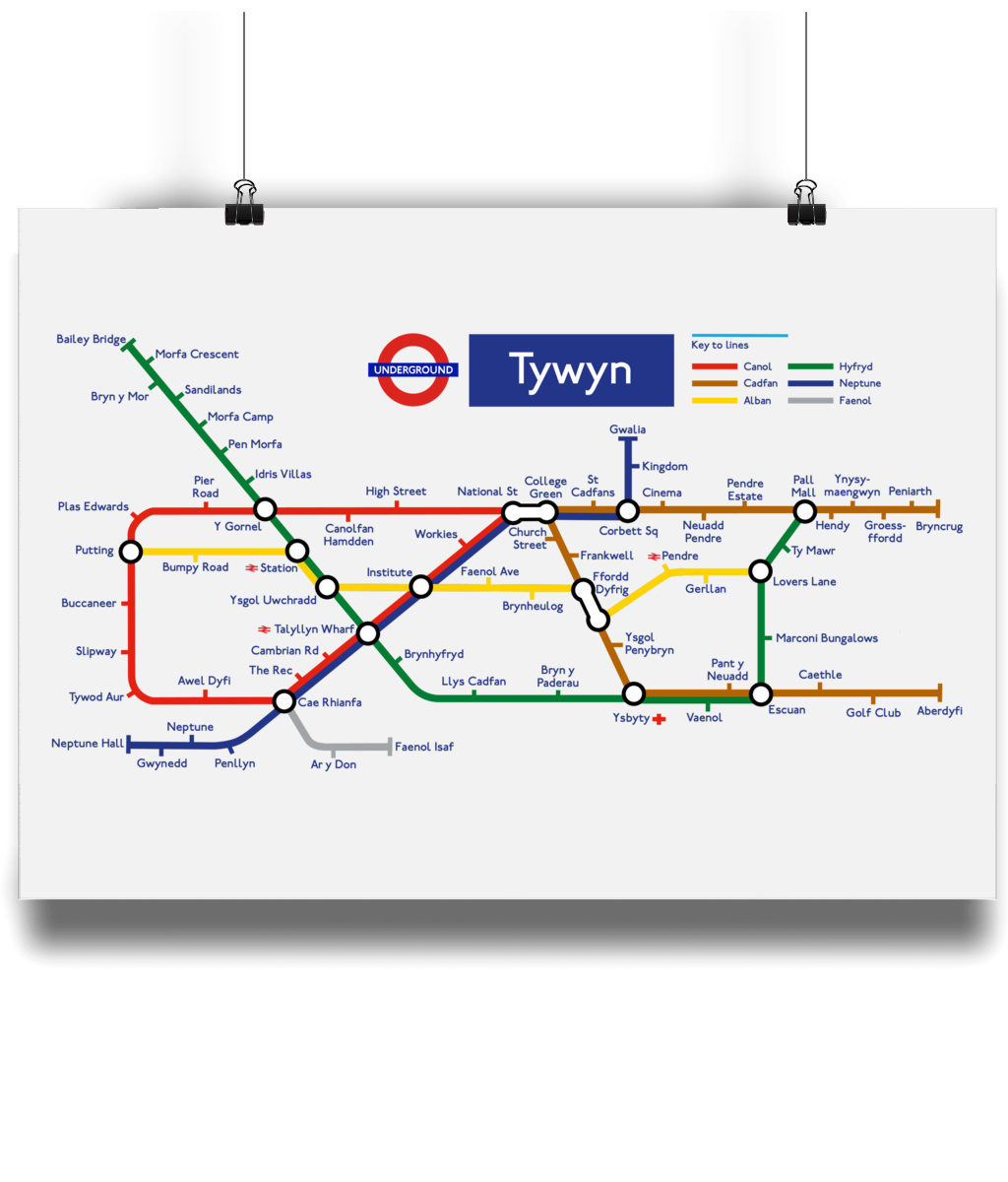 Maps and Signs Tube Map 'Tywyn' A4 Bamboo Print